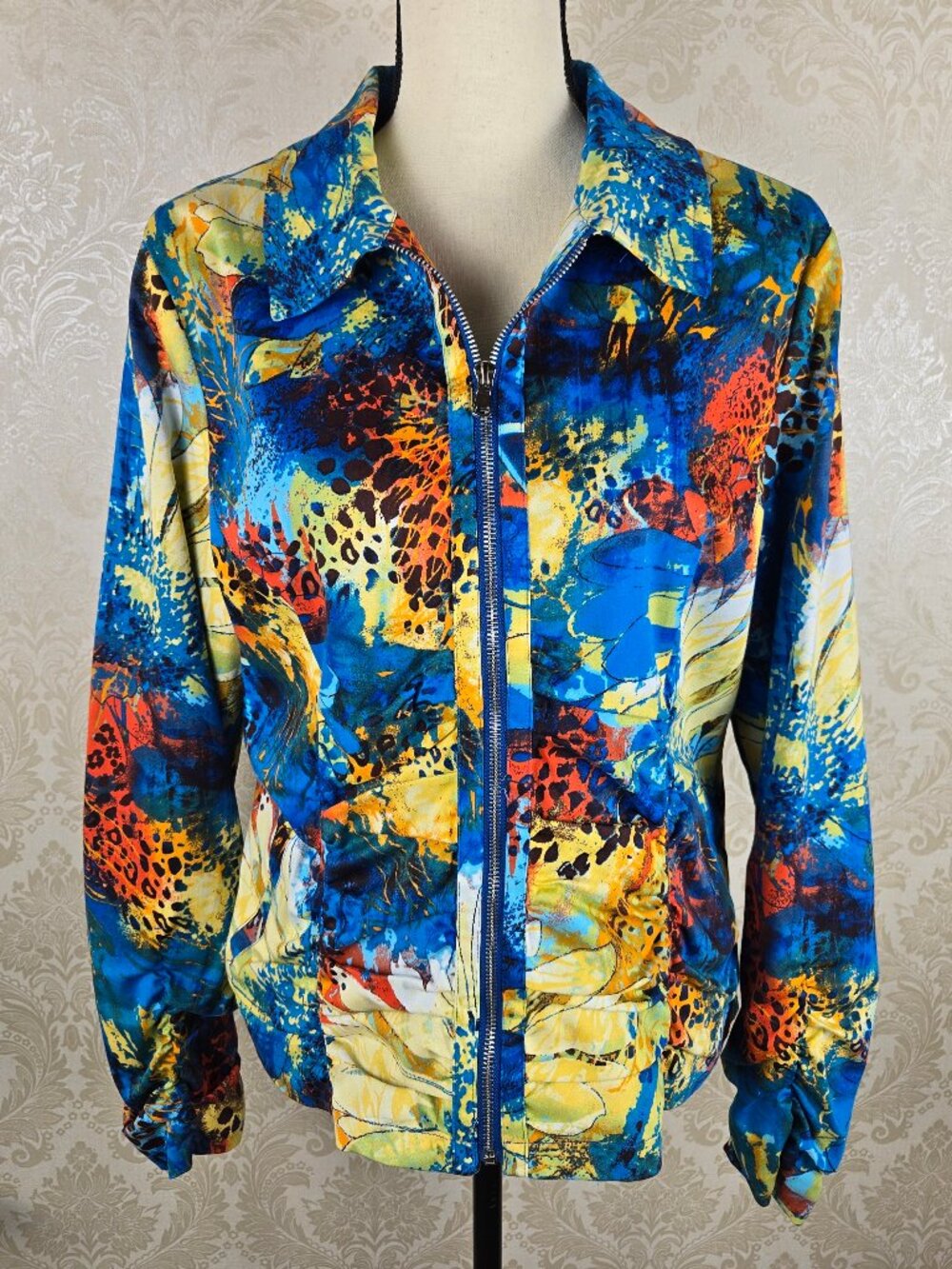 Toni Morgan Size Medium Colorful Abstract Print Zip Front Jacket Pockets Collar